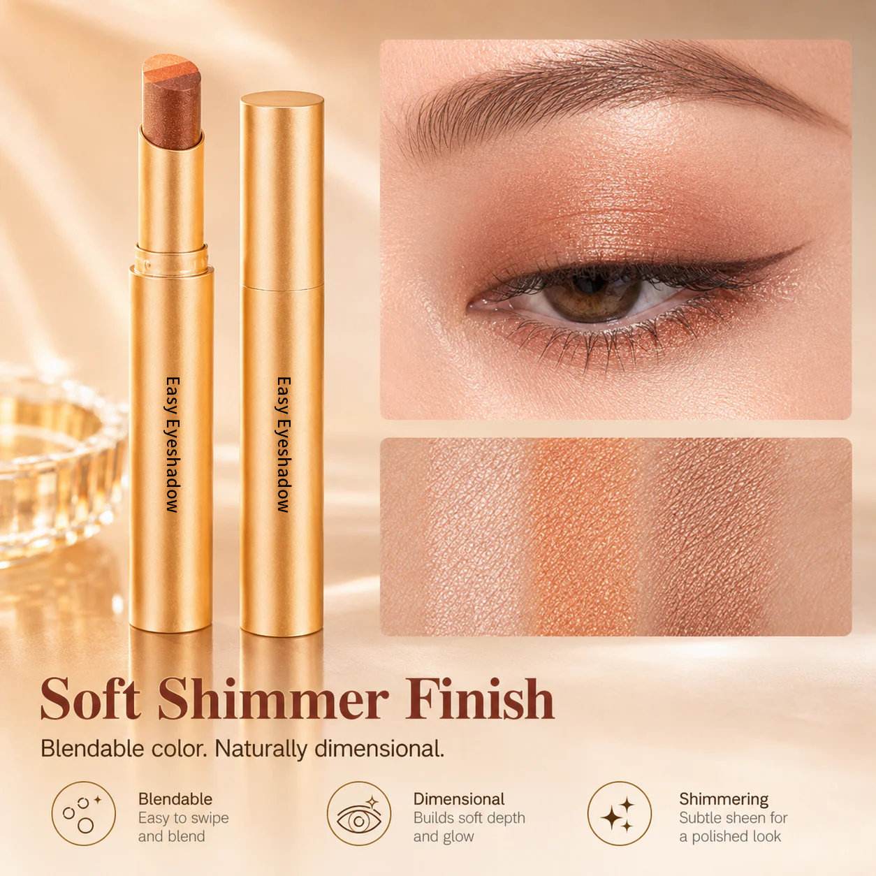 3 in 1 Easy Eyeshadow Stick for Beginners Waterproof Longwear Shimmer Makeup Set